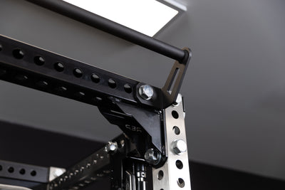 Close-up of the REP Fitness Crossmember Pull-Up Bar on the front of a PR-5000 rack