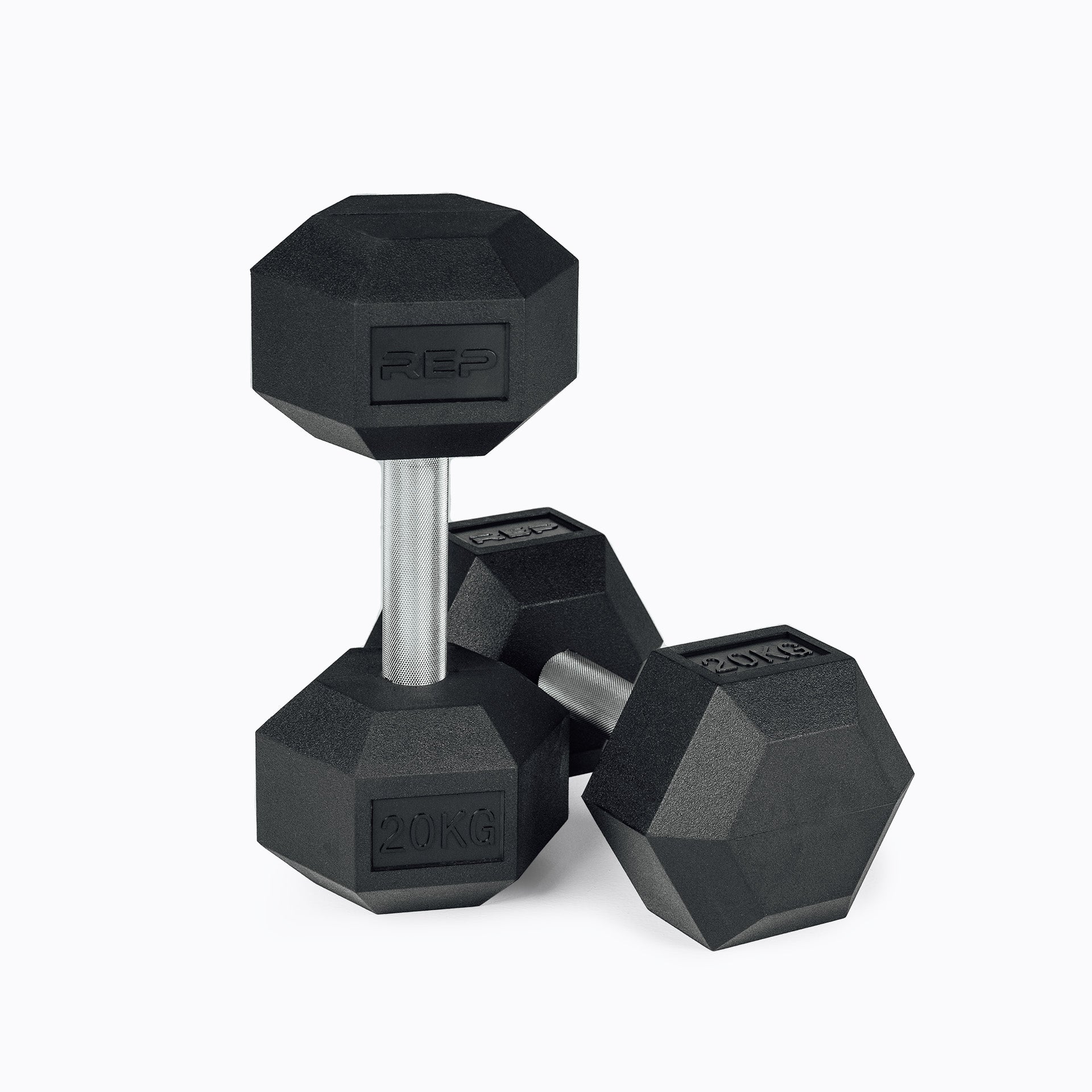 Hex dumbbells featuring rubber-coated heads and fully knurled chrome handles from Rep Fitness UK | Shop Best Premium Gym Equipment for Home & Commercial Use Online